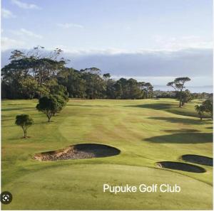 a view of a golf course with a putting green at Family suite at Campbells Bay -Netflix TV in Auckland