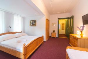 a bedroom with a large wooden bed and a television at Hotel Krasnoludki in Sosnówka