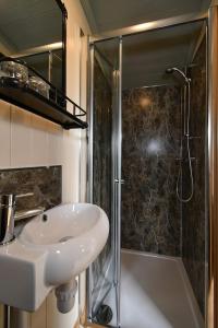 a bathroom with a sink and a shower at The Shepherds Hut in Carmarthen