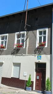 a building with two windows and a door with flowers at Oficynka in Strzelce Opolskie