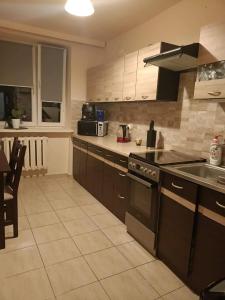 a kitchen with brown cabinets and a stove top oven at Apartament Osiedle Centrum 5 in Ustroń