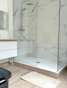 La salle de bains est pourvue d'une douche avec une porte en verre. dans l'établissement Maison Coty - Hypercentre/Plage, au Havre