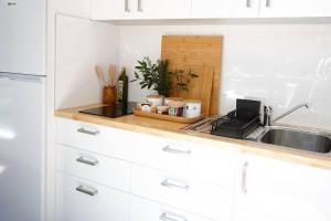 a kitchen with a sink and a laptop on a counter at Cosy hillside studio in Ocean Shores