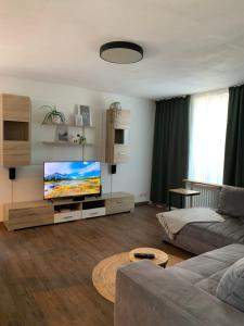 a living room with a couch and a flat screen tv at Gemütliches & schönes Apartment in Ichenhausen