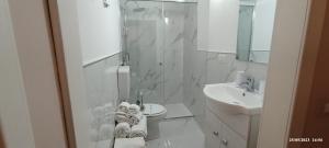 a bathroom with a shower and a toilet and a sink at B&B Elios Rooms in Catania