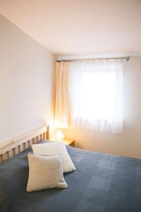 een slaapkamer met een blauw bed en een raam bij Aizpuri Rose View in Nīca