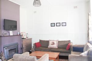 a living room with a couch and a fireplace at Splendid Wren Cottage in Deeside