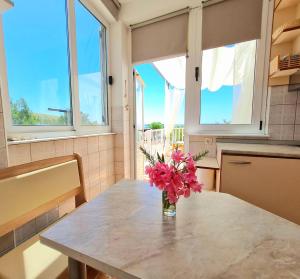 a vase of flowers sitting on a table in a kitchen at Natua Apartment in Krvavica