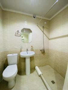 La salle de bains est pourvue de toilettes et d'un lavabo. dans l'établissement ZARINA SAMARKAND, à Samarcande