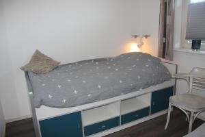 een slaapkamer met een bed met blauwe en witte kasten bij Amelander Paradijs 22 in Buren