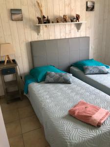 um quarto com 2 camas e uma mesa com um candeeiro em Les Alizés em Le Teich