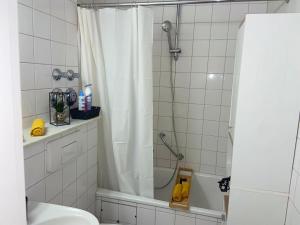 a bathroom with a shower with a shower curtain at Adler Apartment in Cologne