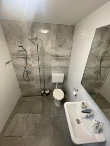 Un baño con ducha, inodoro y lavabo. en Apartma Lavanda, en Koper 3 fotos más