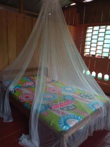 Bett mit Moskitonetz in einem Zimmer in der Unterkunft Hostal Búho Amazonas tours in Leticia