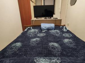 a bedroom with a bed with a blue comforter and a television at Aretha apartman i sobe in Novi Vinodolski