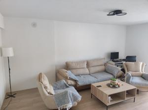 a living room with two couches and a coffee table at Cozy apartment with mountain view in Makedonska Kamenica