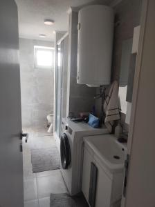a small bathroom with a washing machine and a sink at Cozy apartment with mountain view 