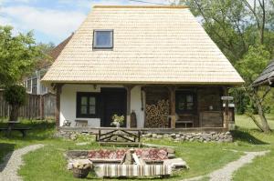 a small cottage with a thatched roof at The Village Pension in Breb