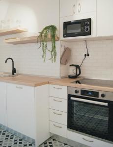 a kitchen with a stove and a microwave at Herceg Novi Seaside Retreat with Serene Garden in Zelenika +11 photos