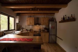 uma cozinha com armários de madeira e um frigorífico em Bencekerti kulcsosház em Căpîlniţa