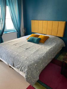 1 dormitorio con 1 cama grande y paredes azules en Studio cosy confortable en centre ville, en Verdún