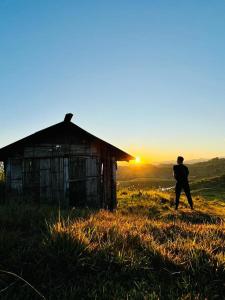 Un uomo che cammina in un campo vicino a un fienile di Sun Rice Homestay a Ruteng