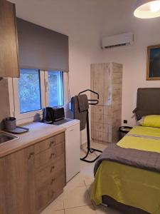 a bedroom with a bed and a kitchen with a sink at ANAFIS COZI in Athens