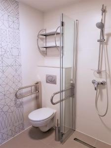 a bathroom with a toilet and a shower at Hostel Annamarie in Szczecin
