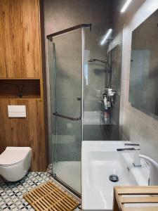 a bathroom with a shower and a toilet and a sink at Apartament Amilado in Pogorzelica