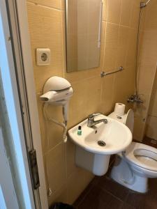 a small bathroom with a sink and a toilet at Hotel Hoyuk in Istanbul