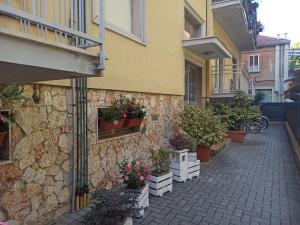 a building with potted plants on the side of it at Stanza Maggiore in Parma