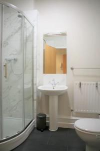 biała łazienka z umywalką i prysznicem w obiekcie IFSC Room w Dublinie