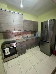 a kitchen with a stainless steel refrigerator and cabinets at HIPPOCAMPUS APARTMENT in Stratónion