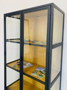 a glass cabinet with three shelves with magazines at Ferienwohnung Karpe in Schwedt