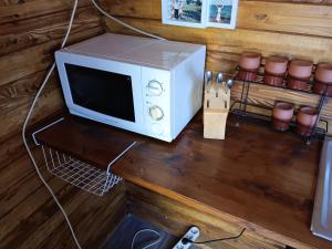 a microwave oven sitting on top of a wooden table at Camping Curtea Pescărușului in Vama Veche