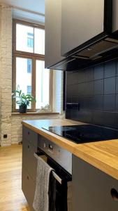 Il comprend une cuisine équipée d'une cuisinière et d'un comptoir. dans l'établissement The Artist Residence / 1 bedroom w/ Piano next to a Park, à Riga