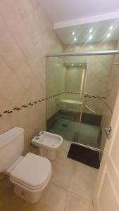 uma casa de banho com um WC, um chuveiro e um lavatório. em Hotel Pueblo Huarpe em San Luis