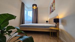 a bedroom with a bed and a large window at 2 room Apartment, with terrace, new building, 210 in Bratislava