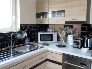 cocina con fregadero y microondas en One bedroom bungalow with private garden at Parkland, near Kingsbridge, en Kingsbridge