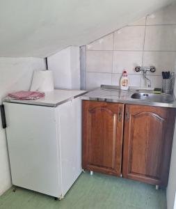 una pequeña cocina con fregadero y nevera. en Bella Vista Apartment en Podgorica