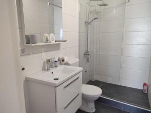 uma casa de banho branca com um WC e um lavatório em Apartment Mejdan em Mostar