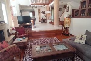 een woonkamer met een bank en een tafel bij Villa Demy in Patra