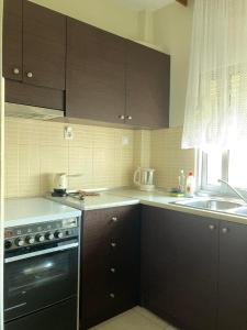 a kitchen with brown cabinets and a stove and a sink at VILLA HARIKLIA in Paralia Katerinis