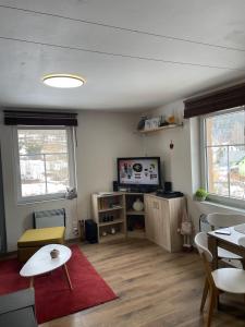 ein Wohnzimmer mit einem TV und einem Tisch in der Unterkunft APARTMENT OWL in Kořenov