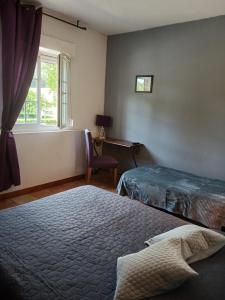 sypialnia z 2 łóżkami i oknem w obiekcie Hotel Du Lac w mieście Château-Arnoux-Saint-Auban