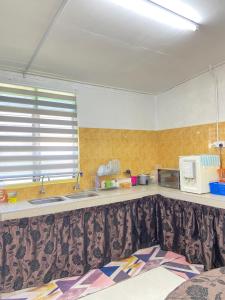 eine Küche mit einer Spüle und einer Theke mit einer Mikrowelle in der Unterkunft ELLY HOMESTAY in Kuala Terengganu