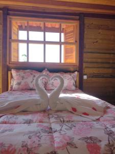 two swans making a heart on a bed at Chale brilho do sol in Visconde De Maua