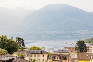 Elle offre une vue sur une ville avec un lac et une montagne. dans l'établissement Villa Magnolia - High standing floor, à Locarno