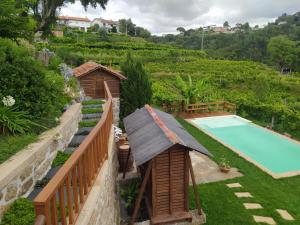 a backyard with a swimming pool and a house at CASA DAS FONTELAS in Castelo de Paiva