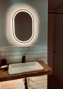 ein Badezimmer mit einem weißen Waschbecken und einem Spiegel in der Unterkunft Chalet Sch-l-afbock in Markranstädt